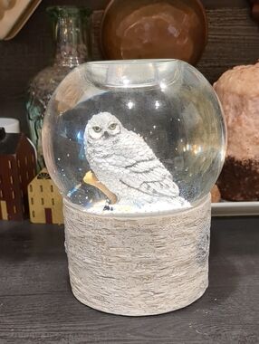 PartyLite Snowy Owl Snowglobe Tealight Holder Nature's Wonder Moving Snow NIB